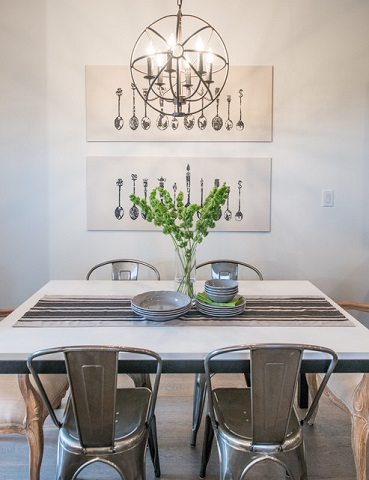 Metal chairs work beautifully with a monochromatic gray decor, and can add a nice "found" element to a rustic chic style (by Alykhan Velji Design, photo by Bookstrucker Photography)