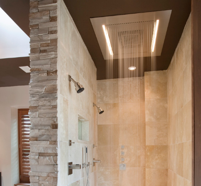 An overhead shower head is a unique and creative touch. (By ART Design Build, photo by Tsantes Photography) 