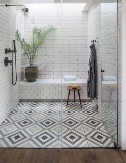 Depending on your taste, graphic print tile can be used either as large-scale field tile or as a smaller patterned accent (by Insidesquad, inc)