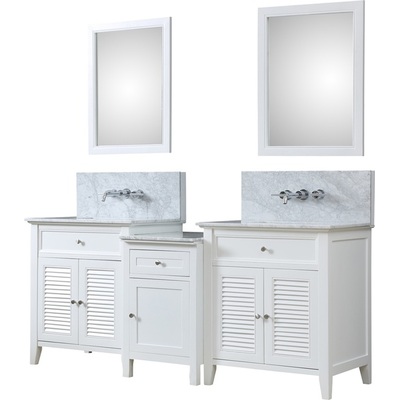 Direct Vanity Shutter Spa Premium 82 In. Bath And Makeup Hybrid Bathroom Vanity In White With Marble Bathroom Vanity Top In Carrara White With White Basin And Mirrors 2S12-WWC-WM-MU1