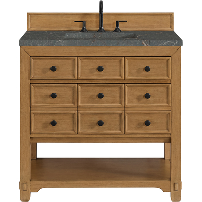 James Martin Malibu 36 inch Single Vanity, Amber Birch w/ 3 CM Parisien Bleu Top, 840108992100, 505-V36-AMB-3PBL