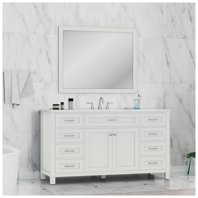 Alya Bathroom Vanities, Single Sink Vanities, 50-70, Modern, White, Complete Vanity Sets, Modern, Marble, Solid and Hardwood Plywood, Vanity with Top, 617957110487, HE-101-60S-W-CWMT