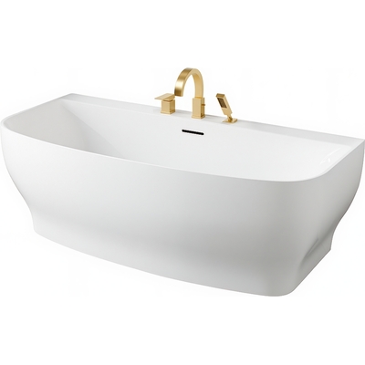 Anzzi Bank Series 65 in. x 31 in. Flat Bottom Acrylic Freestanding Soaking Bathtub with Center Drain, Brushed Gold Faucet, 191042093898, FT-AZ112-473BG