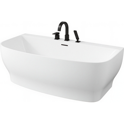 Anzzi Bank Series 65 in. x 31 in. Flat Bottom Acrylic Freestanding Soaking Bathtub with Center Drain, Matte Black Faucet, 191042093928, FT-AZ112-473MB