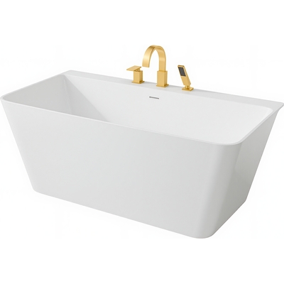 Anzzi Vault Series 59 in. x 30 in. Flat Bottom Acrylic Freestanding Soaking Bathtub with Center Drain, Brushed Gold Faucet, 191042093935, FTAZ11459-473BG