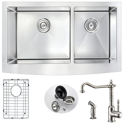 Anzzi Elysian Farmhouse 36 in. Double Bowl Kitchen Sink with Locke Faucet in Brushed Nickel K36203A-108