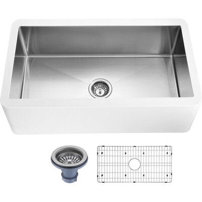 Anzzi Apollo Series Farmhouse Solid Surface 36 in. 0-Hole Single Bowl Kitchen Sink with Stainless Steel Interior in Matte White, 191042049598, K-AZ271-A1