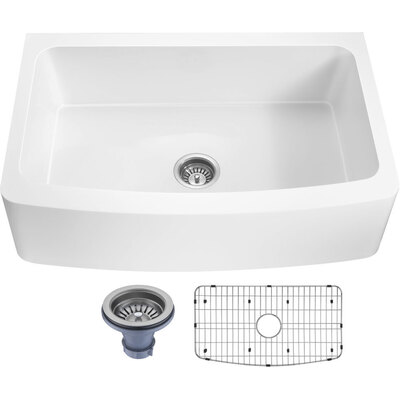 Anzzi Mesa Series Farmhouse Solid Surface 33 in. 0-Hole Single Bowl Kitchen Sink with 1 Strainer in Matte White, 191042049604, K-AZ272-A1