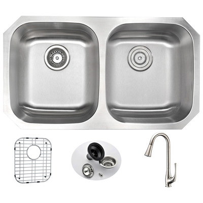 Anzzi MOORE Undermount 32 in. Double Bowl Kitchen Sink with Singer Faucet in Brushed Nickel KAZ3218-042