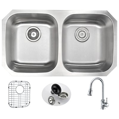 Anzzi MOORE Undermount 32 in. Double Bowl Kitchen Sink with Sails Faucet in Polished Chrome KAZ3218-044