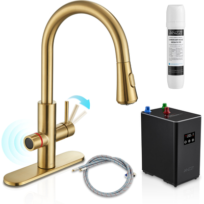 Anzzi Sunset 4-in-1 Single Handle 17.5 in. Faucet for Instant Hot Water Dispensor with Boiler Tank and Filter in Brushed Gold, 191042063495, KF-AZ401BG
