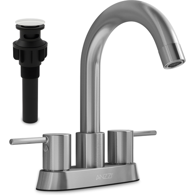 Anzzi Remnants 4 in. Centerset 2-Handle High-Arc Bathroom Sink Faucet in Brushed Nickel with Drain Assembly and 1.2 GPM Flow, 191042082519, L-AZ300BN