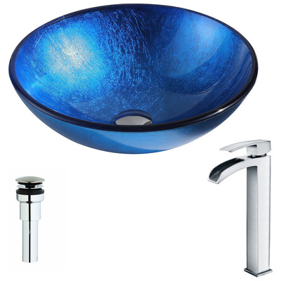 Anzzi Clavier Series Deco-Glass Vessel Sink in Lustrous Blue with Key Faucet in Polished Chrome LSAZ027-097