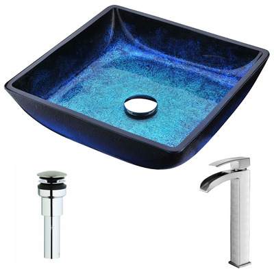Anzzi Viace Series Deco-Glass Vessel Sink in Blazing Blue with Key Faucet in Brushed Nickel LSAZ056-097B