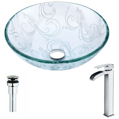 Anzzi Vieno Series Deco-Glass Vessel Sink in Crystal Clear Floral with Key Faucet in Polished Chrome LSAZ065-097