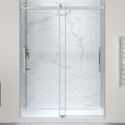 Anzzi Stellar Series 76 in. x 45-48 in. Sliding Frameless Shower Door in Brushed Nickel with Center Drain Alcove Shower Base, 191042098619, SD-5901103C-BN