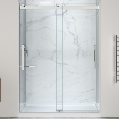 Anzzi Stellar Series 76 in. x 45-48 in. Sliding Frameless Shower Door in Polished Chrome with Alcove Center Drain Shower Base, 191042098626, SD-5901103C-CH