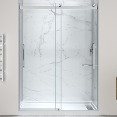 Anzzi Stellar Series 76 in. x 45-48 in. Sliding Frameless Shower Door in Brushed Nickel with Right Drain Alcove Shower Base, 191042098671, SD-5901103R-BN