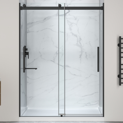 Anzzi Stellar Series 76 in. x 57-60 in. Sliding Frameless Shower Door in Matte Black with Alcove Center Drain Shower Base, 191042098787, SD-5902201C-MB