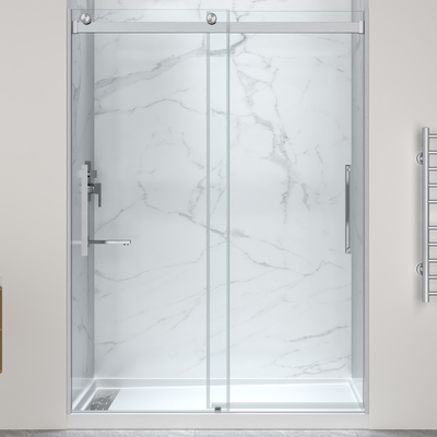 Anzzi Stellar Series 76 in. x 57-60 in. Sliding Frameless Shower Door in Brushed Nickel with Alcove Shower Base, Left Drain, 191042098794, SD-5902303L-BN