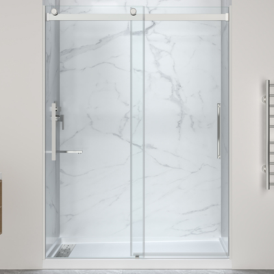 Anzzi Stellar Series 76 in. x 57-60 in. Sliding Frameless Shower Door in Chrome with Alcove Shower Pan Base, Left Drain, 191042098800, SD-5902303L-CH