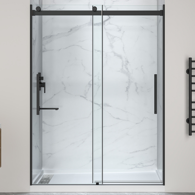 Anzzi Stellar Series 76 in. x 57-60 in. Sliding Frameless Shower Door in Matte Black with Alcove Shower Base, Left Drain, 191042098817, SD-5902303L-MB