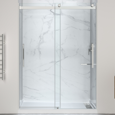 Anzzi Stellar Series 76 in. x 57-60 in. Sliding Frameless Glass Shower Door in Chrome with Alcove Right Drain Shower Base, 191042098893, SD-5902305R-CH