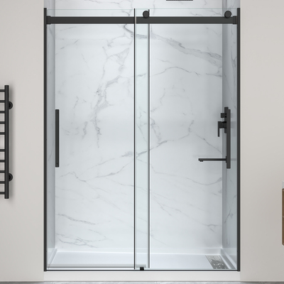 Anzzi Stellar Series 76 in. x 57-60 in. Sliding Frameless Shower Door in Matte Black with Alcove Right Drain Shower Base, 191042098909, SD-5902305R-MB