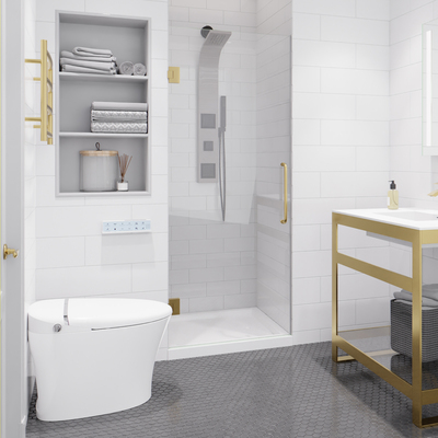 Anzzi Fellow Series 24 in. x 70 in. Frameless Hinged Shower Door in Brushed Gold with Handle, 191042058699, SD-AZ09-01BG