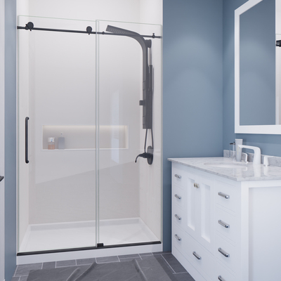 Anzzi Madam Series 44 to 48 in. x 76 in. Frameless Sliding Shower Door in Gunmetal with Clear Tempered Glass and Tsunami Guard, 191042082076, SD-AZ13-01GB