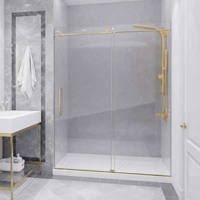 Anzzi Madam Series 56 to 60 in. x 76 in. Frameless Sliding Shower Door in Brushed Gold with Clear Tempered Glass and Tsunami Guard, 191042082083, SD-AZ13-02BG