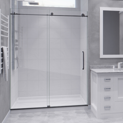 Anzzi Madam Series 56 to 60 in. x 76 in. Frameless Sliding Shower Door in Gunmetal with Clear Tempered Glass and Tsunami Guard, 191042058200, SD-AZ13-02GB