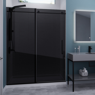 Anzzi Madam Series 56 to 60 in. x 76 in. Frameless Sliding Shower Door in Matte Black with Tinted Tempered Glass and Tsunami Guard, 191042058682, SD-AZ13-02MB-T