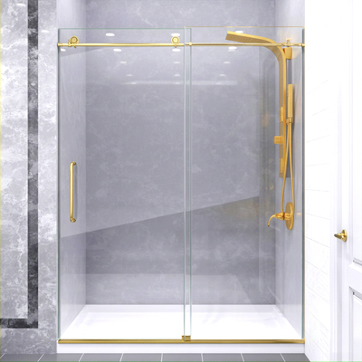 Anzzi Madam Series 76 in. x 50-54 in. Frameless Sliding Shower Door in Brushed Gold with 3/8 inch (10mm) Tempered Clear Glass, 191042095960, SD-AZ13-03BG