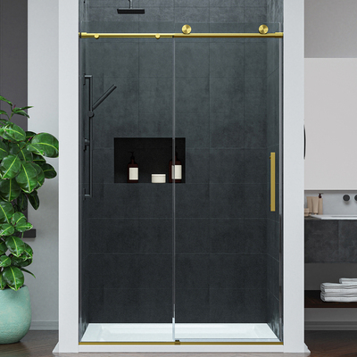Anzzi Mountain 48 in Reversible Frameless Sliding Glass Shower Door with Soft-Close System and Brushed Gold Finish, 191042083998, SD-AZ20-01BG
