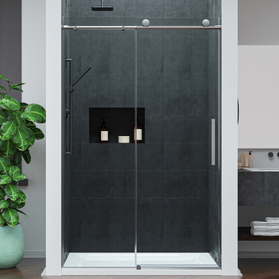Anzzi Mountain 48 in Reversible Frameless Sliding Deco-Glass Shower Door with Soft-Close System and Brushed Nickel Finish, 191042083967, SD-AZ20-01BN