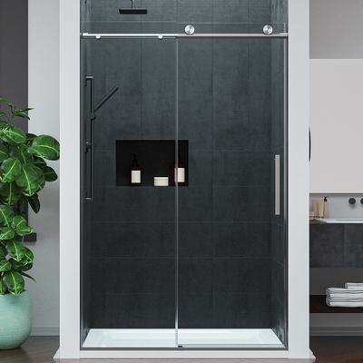 Anzzi Mountain 48 in Reversible Frameless Sliding Deco-Glass Shower Door with Soft-Close System and Chrome Finish, 191042083974, SD-AZ20-01CH