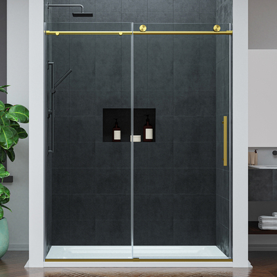Anzzi Mountain 60 in Reversible Frameless Sliding Deco-Glass Shower Door with Soft-Close System and Brushed Gold Finish, 191042084063, SD-AZ20-02BG