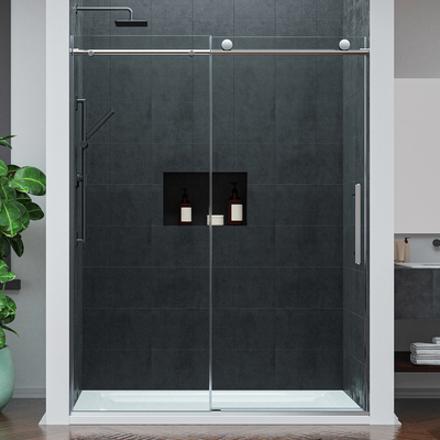 Anzzi Mountain 60 in Reversible Frameless Sliding Deco-Glass Shower Door with Soft-Close System in Brushed Nickel Finish, 191042084001, SD-AZ20-02BN