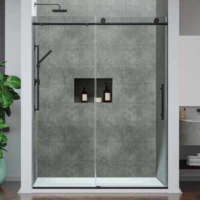 Anzzi Mountain 60 in Reversible Frameless Sliding Deco-Glass Shower Door with Soft-Close System and Matte Black Finish, 191042084056, SD-AZ20-02MB
