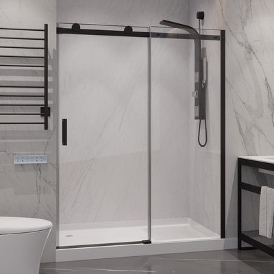 Anzzi Rhodes Series 60 in. x 76 in. Frameless Sliding Shower Door with Handle in Matte Black, 191042055056, SD-FRLS05702MB