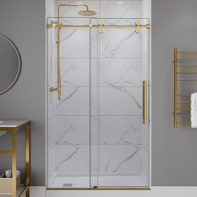 Anzzi Ozean Series 44 to 48 in. x 76 in. Frameless Shower Door with Sliding in Brushed Gold with Tsunami Guard Tempered Clear Glass, 191042080508, SD-FRLS06101BG