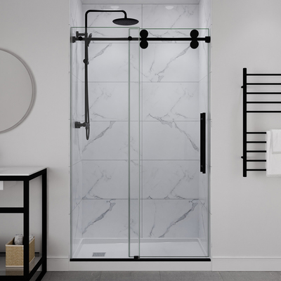 Anzzi Ozean Series 44 to 48 in. x 76 in. Frameless Shower Door with Sliding in Matte Black  with Tsunami Guard Tempered Clear Glass, 191042080492, SD-FRLS06101MB