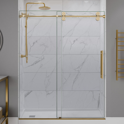 ANZZI 60 inch x 76 inch Frameless Sliding Shower Door, 3/8 inch TSUNAMI GUARD Glass, Exposed Rollers and RHINO ALLOY Hardware, Brushed Gold, 191042080546, SD-FRLS06102BG