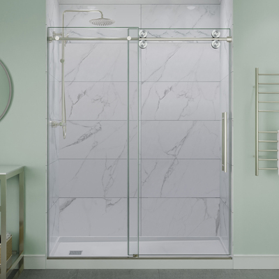 ANZZI 60 inch x 76 inch Frameless Sliding Shower Door, 3/8 inch TSUNAMI GUARD Glass, Exposed Rollers and RHINO ALLOY Hardware, Brushed Nickel, 191042080522, SD-FRLS06102BN