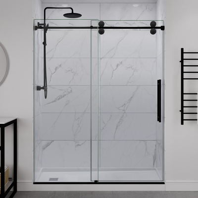 ANZZI 60 inch x 76 inch Frameless Sliding Shower Door, 3/8 inch TSUNAMI GUARD Glass, Exposed Rollers and RHINO ALLOY Hardware, Matte Black, 191042080539, SD-FRLS06102MB