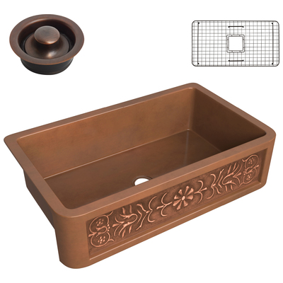 Anzzi Thracian Farmhouse Handmade Copper 36 in. 0-Hole Single Bowl Kitchen Sink with Flower Design Panel in Polished Antique Copper SK-017