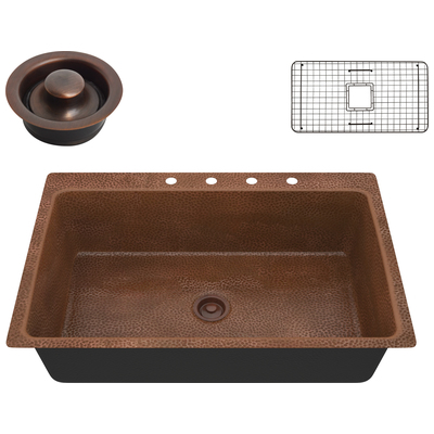 Anzzi Lydia Drop-in Handmade Copper 33 in. 4-Hole Single Bowl Kitchen Sink in Hammered Antique Copper SK-028