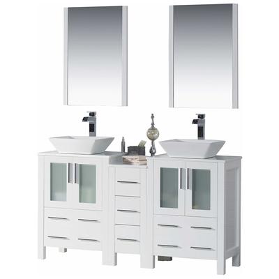 Blossom 60 Inch Bathroom Vanity with Ceramic Double Vessel Sinks & Mirrors - White 001 60S1 01 V M