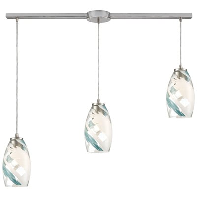 Elk Lighting Turbulence 3-light Pendant In Satin Nickel With Clear Glass With Aqua Blue And White Swirls 85211/3L